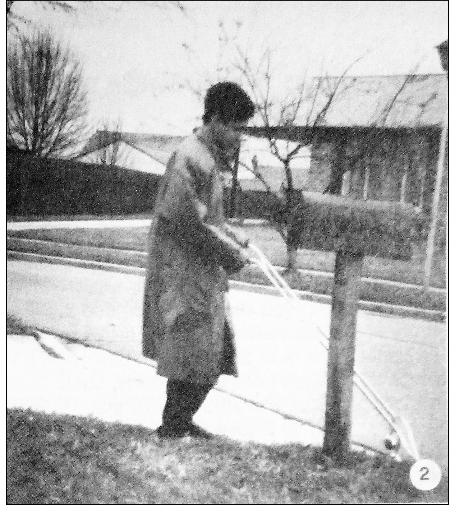 Photo shows the woman standing on the grass and reaching the AMD toward her left, with the wheels in the street.