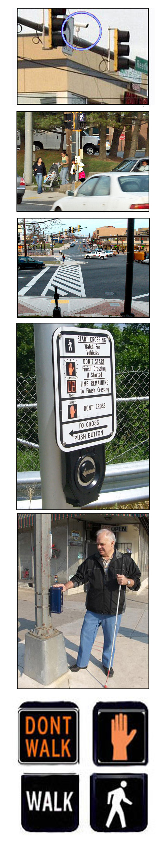 5 pictures show (1) a traffic signal suspended on a horizontal pole above the street.  Next to the signal is a camera, which looks like a long tube about a foot long and 4 inches high, aiming toward the traffic that is facing the signal. (2) two women and a baby in a stroller waiting at the corner while a child pushes the pedestrian button; the walk sign is on to cross the street beside them, and traffic is moving in the street in front of them.  In the street to their left, a driver has pulled forward and is looking to his left, as if he plans to turn right on the red light.  (3) A crosswalk across 7-8 lanes in a complex intersection, we see detectable warning and the back of a pedestrian button suspended on a stub pole on the sidewalk, and a woman to cross.  Traffic from both directions on the street beside her is turning left while everyone else waits.  (4) a pedestrian pushbutton with a sign explaining what the pedestrian signals mean. (5) A man wearing jeans and black jacket holds a long cane in his left hand and stands on the sidewalk next to a pole. On the pole is a blue box about 4 by 4 inches on the top and 10 inches high.  The man has his right hand on top of the box (the box is about as high as his waist).