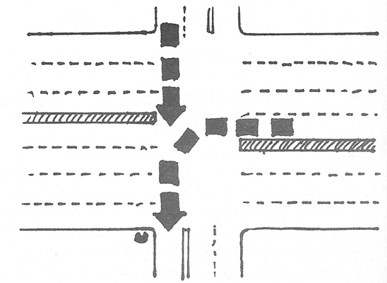Drawing shows a plus-shaped intersection, with a pedestrian in the bottom left corner.  Arrows indicating the two sources of traffic that sound the same come from the top of the drawing and pass beside the pedestrian, and come from the street to the right, turn left, and pass beside the pedestrian in the same place that the other traffic passed.