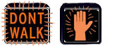 One photo shows an orange hand against a black background, the other shows the words 'DON'T WALK' written with white letters on a black background.  The hand and the words are both lined to indicate that they are flashing off and on.