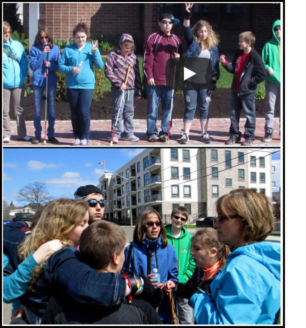 Two pictures show about a half-dozen students ages 10-16, in one picture they are standing along the curb and holding up their hands showing numbers, and the other shows them standing in a circle, some of them hugging each other.
