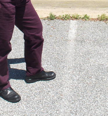 4 photos show Dona stepping off a curb in the parking lot and walking across about 7 parking spaces, then standing at one of the lane markers for the parking spaces.